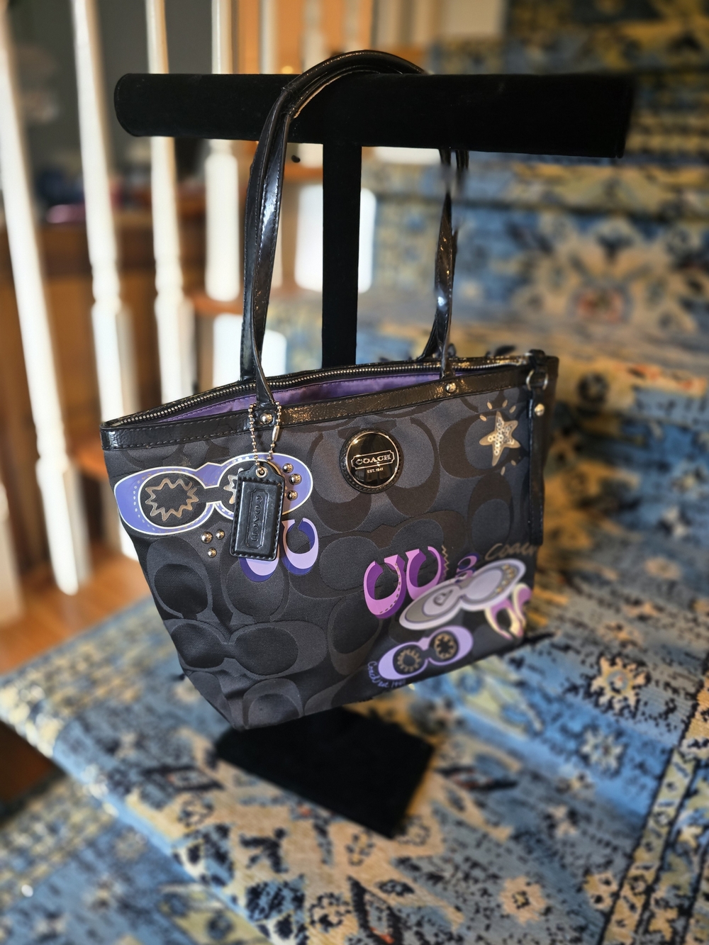 Coach Daisy Pop Optic Black Signature Tote with Purple Graphic Accents